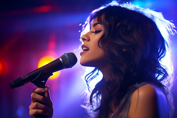Beautiful asian female singer sings on stage in light spotlights.  - obrazy, fototapety, plakaty