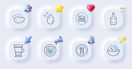 Double latte, Potato and Salad line icons. Buttons with 3d bell, chat speech, cursor. Pack of Food, No burger, Water drop icon. Whiskey bottle, Crepe pictogram. For web app, printing. Vector