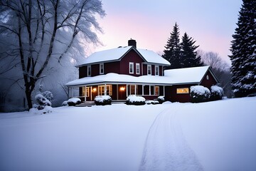 Winter Wonderland - House Driveway Covered in Snow. Generative AI