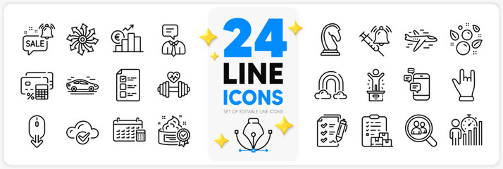 Icons set of Winner podium, Clean bubbles and Calendar line icons pack for app with Marketing strategy, Car, Promotion bell thin outline icon. Cloud computing, Vaccine announcement. Vector