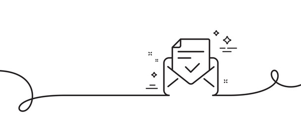 Approved mail line icon. Continuous one line with curl. Accepted or confirmed sign. Document symbol. Approved mail single outline ribbon. Loop curve pattern. Vector