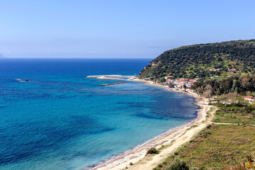 View of the sea, mountains and seaside town (Kefalonia Island, Greece) from a height