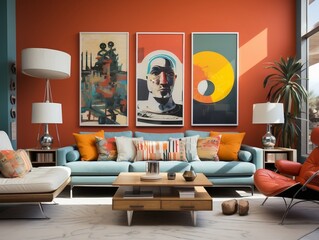 A retro-inspired modern home interior with a mix of vintage contemporary elements and bright orange accent wall and mid-century modern furniture generative ai