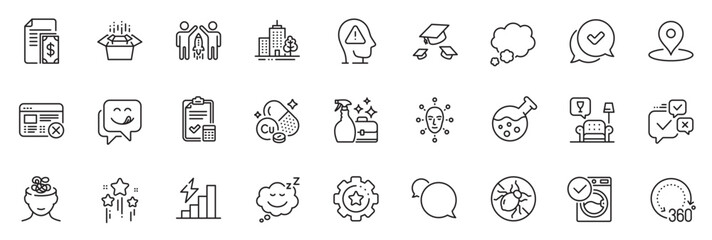 Fototapeta na wymiar Icons pack as Washing machine, Pin and Bed bugs line icons for app include Anxiety, Face biometrics, Talk bubble outline thin icon web set. Chemistry lab, Settings gear. Vector