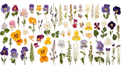Collection of pressed flowers isolated on transparent background. Roses, buds and petals, violets, pansies, and feminine smock/meadow herbs. Cut out floral-herbal design elements.