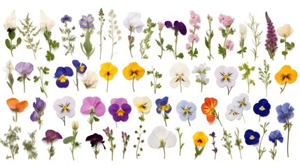 Collection of pressed flowers isolated on transparent background. Roses, buds and petals, violets, pansies, and feminine smock/meadow herbs. Cut out floral-herbal design elements.