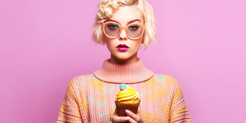 Chic young girl enjoying caramel cupcake with spoon, pastel gradient backdrop. Embodies retro...