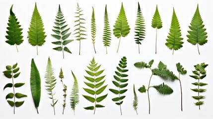 Many different pressed fern leaves isolated on white background, nature cut out, botanic, botanical herb or forest design element,