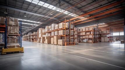 A large warehouse with numerous items. Rows of shelves with boxes.  Logistics. Inventory control, order fulfillment or space optimization. Illustration for advertising, marketing or presentation. - obrazy, fototapety, plakaty