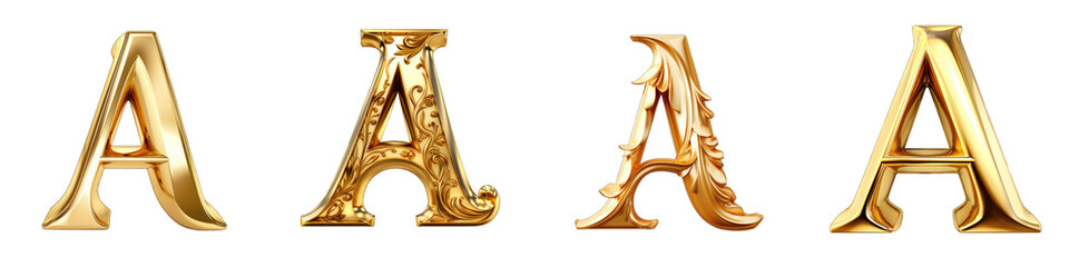 Golden alphabet, logotype, letter A isolated on a transparent background
