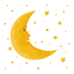 Smiling moon with stars. Illustration on white background. Kids print design.