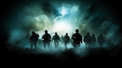 Fototapeta premium Fighting silhouettes in the night fog. Combat infantry attack. Fully equipped soldiers of war run forward with rifles ready to shoot. Military operation in action. Squad running in formation. Сoncept.