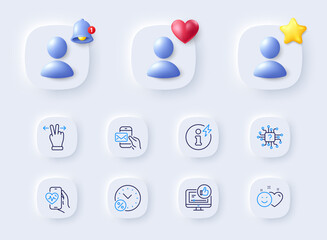 Loan percent, Like video and Power info line icons. Placeholder with 3d bell, star, heart. Pack of Messenger mail, Artificial intelligence, Cardio training icon. Vector