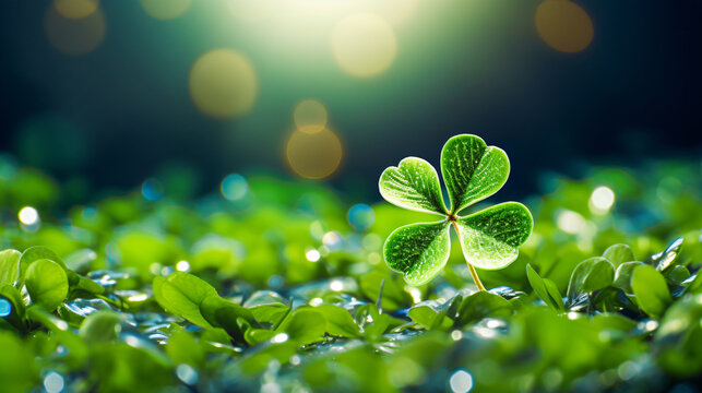 a leave of lucky clover against bokeh background with copy space