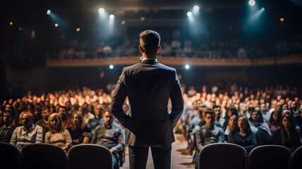 Back view of motivational speaker standing on stage in front of audience
