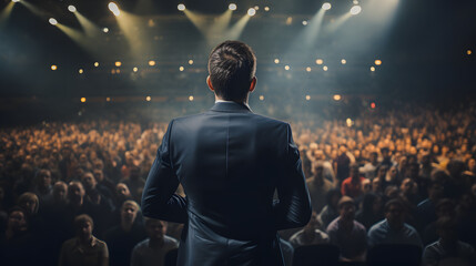 Back view of motivational speaker standing on stage in front of audience
 - obrazy, fototapety, plakaty