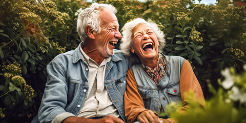 Vibrant snapshot of a joyful elderly couple sharing genuine laughter in a lush garden, radiating pure happiness and love under natural sunlight. Generative AI - obrazy, fototapety, plakaty