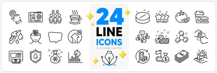 Icons set of Chat message, Stars and Change money line icons pack for app with Loan percent, Teamwork, Chemistry molecule thin outline icon. Petrol station, Motherboard, Group people pictogram. Vector