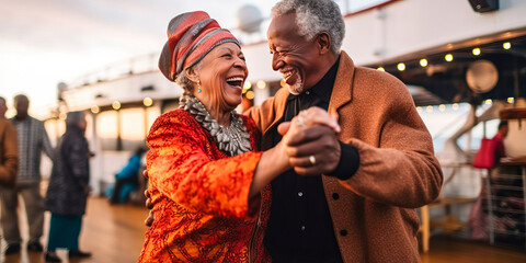 Exhilarating depiction of a joyful senior couple dancing on a cruise ship deck, their laughter in sync with shared happiness against an ocean backdrop. Generative AI - obrazy, fototapety, plakaty