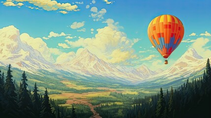 A air balloon over mountain landscape. Climbing view of a lush green valley on summer sunny day. The concept of motivation and inspiration for an active summer holiday. Illustration for design.