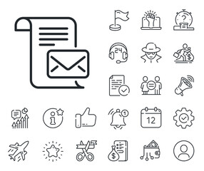 Read Message correspondence sign. Salaryman, gender equality and alert bell outline icons. Mail letter line icon. E-mail symbol. Mail letter line sign. Spy or profile placeholder icon. Vector