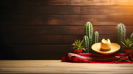 Cinco de Mayo holiday background with Mexican cactus and party sombrero hat on wooden table 
