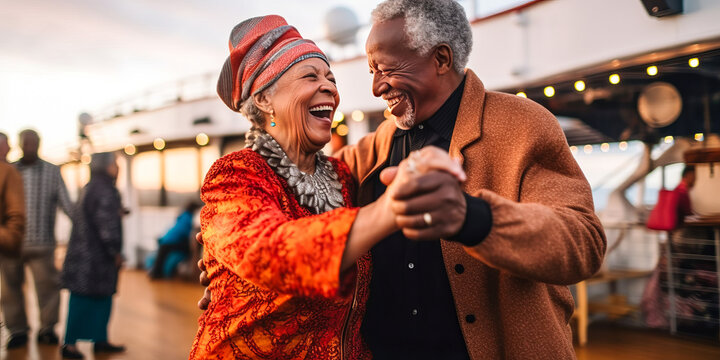 Exhilarating depiction of a joyful senior couple dancing on a cruise ship deck, their laughter in sync with shared happiness against an ocean backdrop. Generative AI