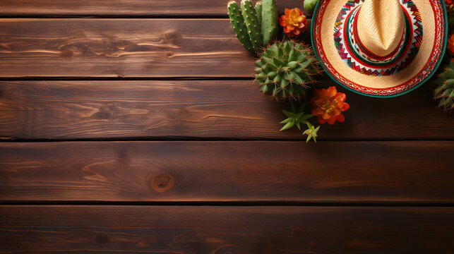Cinco de Mayo holiday background with Mexican cactus and party sombrero hat on wooden table 
