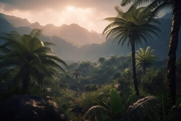 Fototapeta na wymiar Mysterious jungle palm trees and mountains