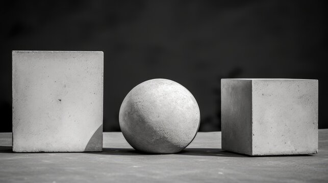 Geometric composition of two cubes and one ball. Art installation with a spheres and blocks. Modern minimal design. Illustration for brochure, poster, cover, presentation or banner.