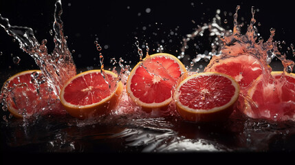 Ripe grapefruits in splashes of water on a dark background.