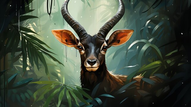 Illustration of Asian unicorn or saola in nature in the forest is a rare animal. Save saola. Horizontal format banner. illustration Ai generated