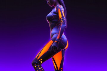 3D Illustration of a female figure in a futuristic costume on a dark blue background. Generative AI.