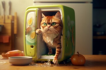 Cute ginger cat peeking out of a green refrigerator in the kitchen. Generative AI.