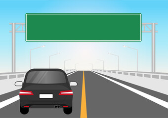 Car Driving along Highway or Asphalt Road with Traffic Sign. Vector Illustration. 