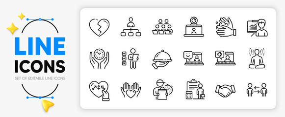 Yoga, Genders and Teamwork business line icons set for app include Smile, Teamwork, Wash hands outline thin icon. Video conference, Employees handshake, Accounting pictogram icon. Vector