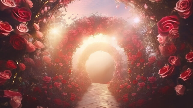 round arch of pink roses, holiday decoration, podium, stage frame