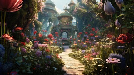 Fototapeta premium A garden of oversized flowers where visitors can step into a fantasy world. 