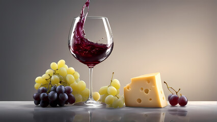 Weinglas mit Rotwein, Wei&szlig;e und rote Weintrauben liegen. K&auml;sew&uuml;rfel. ki generiert