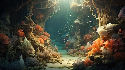 A garden beneath the sea, with coral and seashells as part of the scenery.