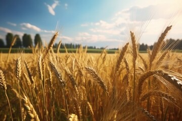 Wheat field. Beautiful nature scene with ripening ears of wheat. Generative AI.