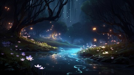 A moonlit night illuminated by glowing moonflowers and fireflies.