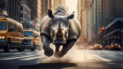 rhino in a city