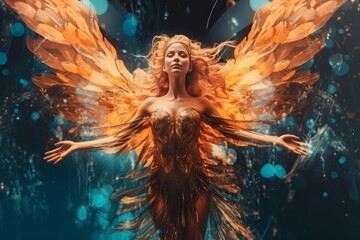 Fototapeta na wymiar Beautiful woman with angel wings in fire and water drops on the background. Generative AI.