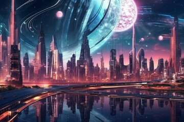 Obraz premium Futuristic city at night with moon and stars. 3d rendering. Generative AI.