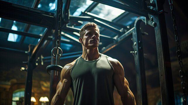 Captivating display of a determined muscular man exhibiting strength and focus during a pull-up at a bright fitness center. Generative AI