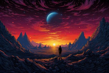 Fantasy landscape with a man standing on the cliff and looking at the moon. Generative AI.