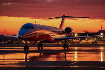 Fototapeta na wymiar Airplane in the sunset, generative ai