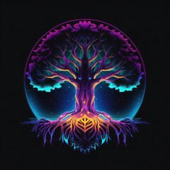 Neon tree with roots in the form of a circle. Vector style illustration. Generative AI.