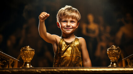 Triumphant young boy flexing muscles on podium, golden metallic background radiating victory and achievement. Generative AI